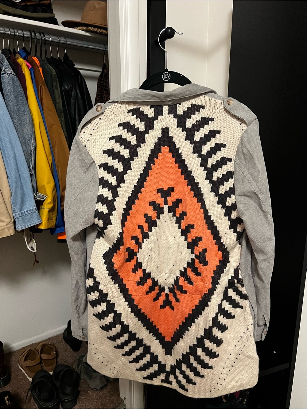 Women’s Gray Trench Coat with Coral Aztec Knit Back